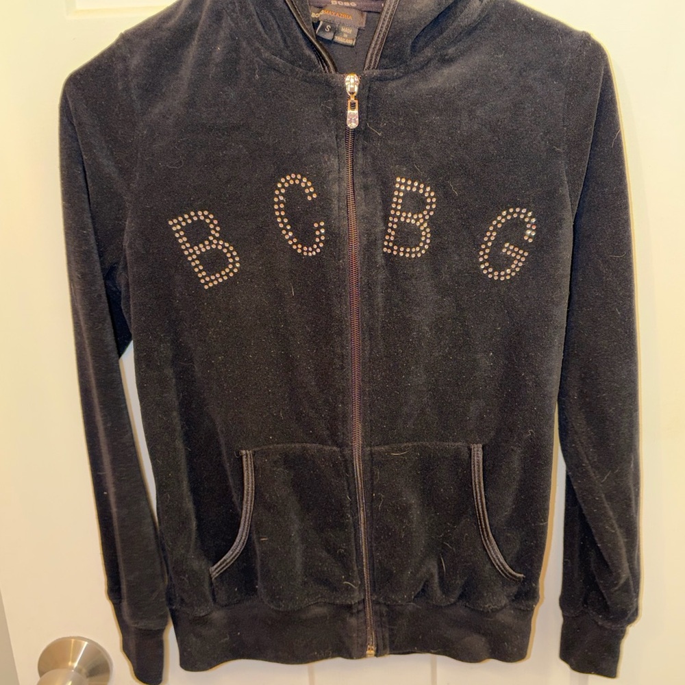 BCBG Black Velour Zip Hoodie with Studded Logo